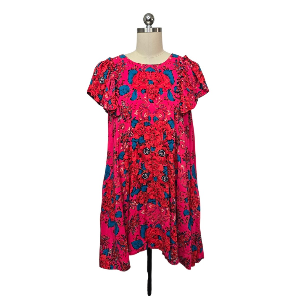 Free People Pink Floral Ruffle Sleeve Mini Swing Dress Women's Size XS OB1705305